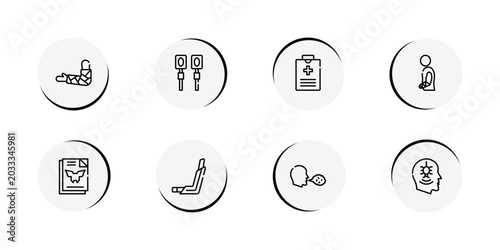 Foto psychology outline icon set featuring broken hand, electrotherapy, medical record, injury icons