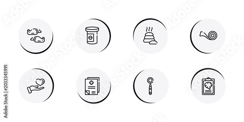 Bild auf Leinwand mental health outline icon set featuring mice, antidepressants, lithotherapie, medical tape icons