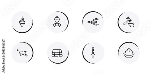 Bild auf Leinwand construction outline icon set featuring plumb bob, construction worker, bellows, blacksmith icons