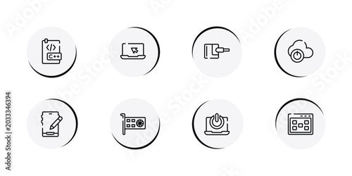 Schilderij op canvas programming line craft outline icon set featuring c document, laptop with arrow, power adapter, descendant icons