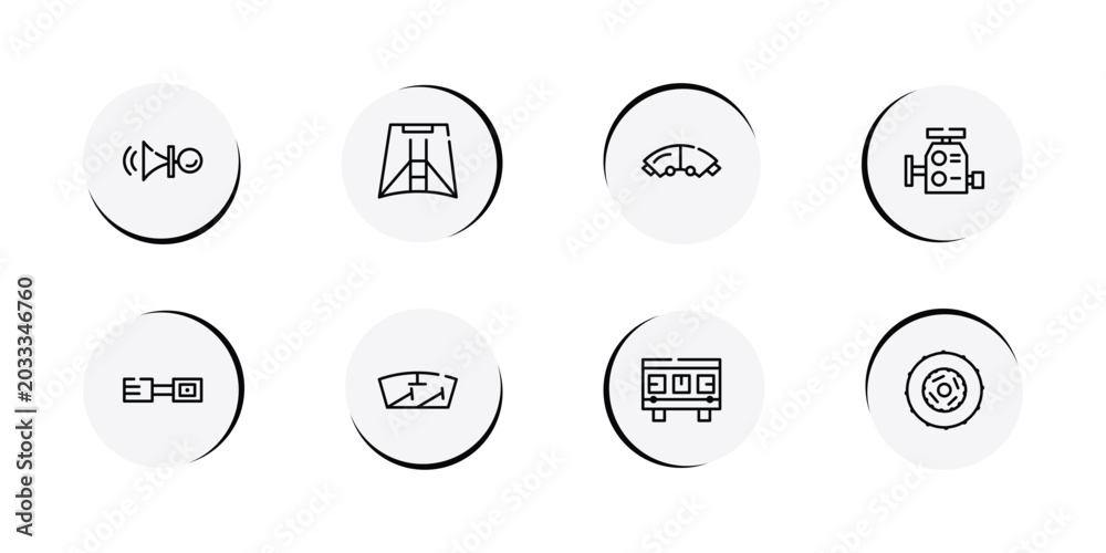 Fototapeta premium car parts outline icon set featuring car horn, car hood, brake pad, carburettor icons.