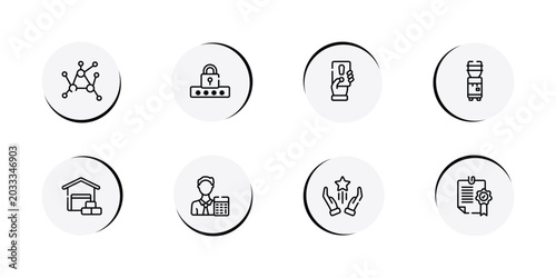 Konstfotografi business outline icon set featuring decentralized, pin code, penalty, water dispenser icons