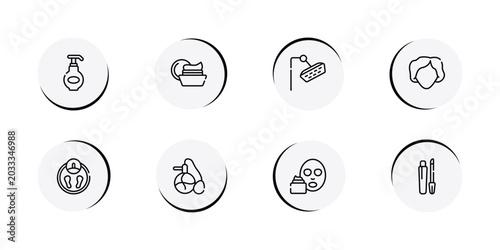 Photos linear beauty elements outline icon set featuring moisturizing lotion, facial cream, shower head, woman face icons