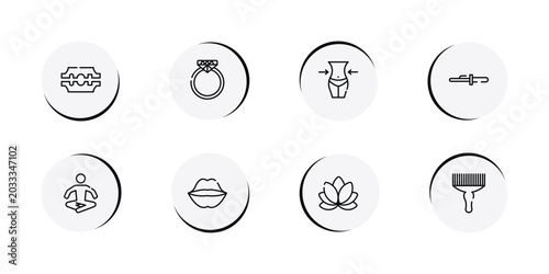 Fotografia beauty outline icon set featuring razorblade, diamond ring, waist, curling tongs icons