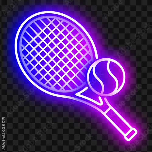 Neon tennis racket and ball glow with line art equipment competition athletic challenge
