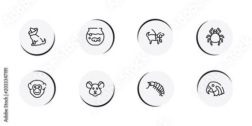 Photography fauna outline icon set featuring cone of shame, fish bowl, guide dog, big mite icons