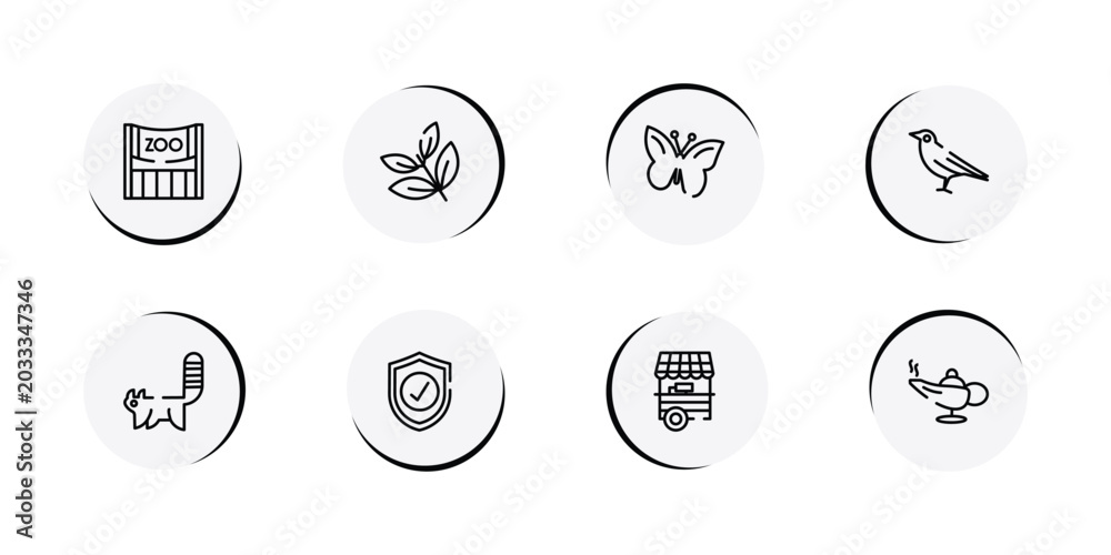 Fototapeta premium desert outline icon set featuring zoo, herb, butterflies, crow icons.