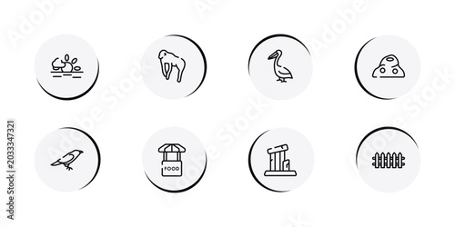 Canvas Print zoo outline icon set featuring sun, chimpanzee, pelican, anthill icons