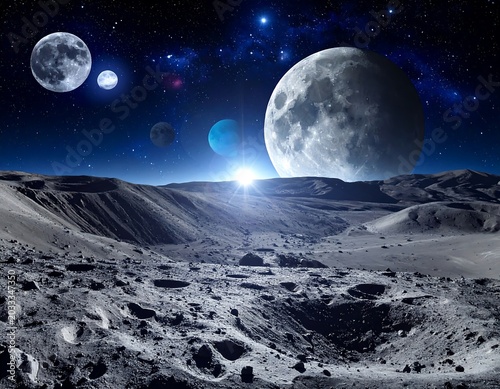 Cratered Lunar Landscape Under Giant Moon and Starry Deep Space Sky