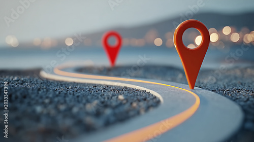 3D red GPS location pins marking route on winding coastal asphalt road concept
