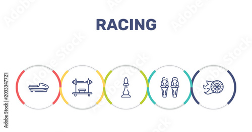 Schilderij op canvas racing outline icon set featuring speedboat, bench press, chesspiece, shin icons