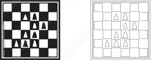 Foto Abstract chessboard matrix grid with game pieces icon set in solid black and thin line art outline style, vector illustration