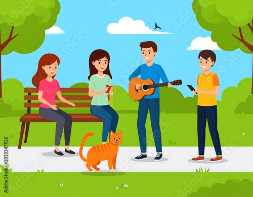 Cheerful Teen Friends Playing Guitar and Using Phones in Sunny Park