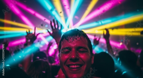 Man dancing at nightclub with colorful laser lights. Happy guy enjoying music party event with raised arm. Nightlife rave concert atmosphere and crowd celebration, energy and emotion.