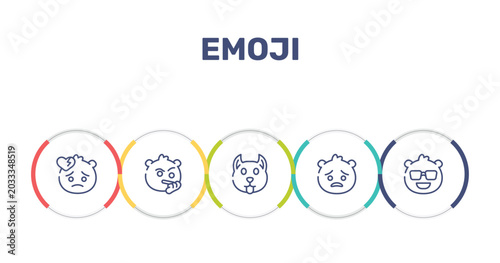 Photography emoji outline icon set featuring broken heart emoji, suspicious emoji, dog pouting icons