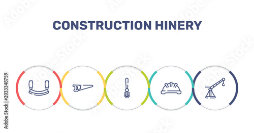 Foto construction hinery outline icon set featuring mezzaluna, metal saw, toilet brush, iron helmet icons