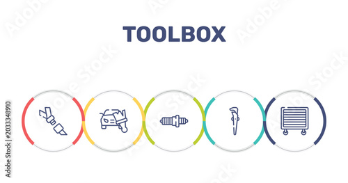 Photos toolbox outline icon set featuring seatbelt, car painting, spark plug, adjustable spanner icons