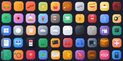 Foto 3D food delivery icon set, modern glossy 3D style, soft rounded shapes, vibrant