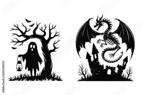 Foto Spooky ghost with lantern and dragon flying over gothic castle silhouette vector