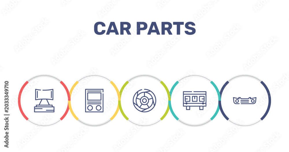 Fototapeta premium car parts outline icon set featuring car headrest, car fascia (british), tyre, cylinder head icons.