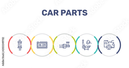 Foto car parts outline icon set featuring car silencer, car numberplate, distributor, air bag icons