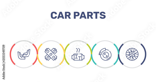 Bild auf Leinwand car parts outline icon set featuring car mud flap, car gasket, catalytic converter, disc brake icons