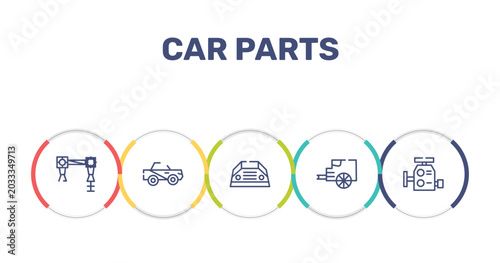 Foto car parts outline icon set featuring car torsion bar, car soft top, parcel shelf, tailpipe icons