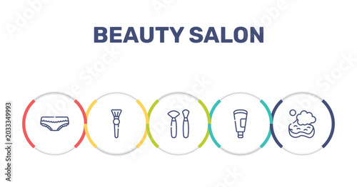 Foto beauty salon outline icon set featuring panties with lace, inclined makeup brush, makeup brushes, cream tube icons
