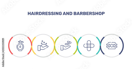 Photos hairdressing and barbershop outline icon set featuring doser, hygienic, treatment, band aid icons