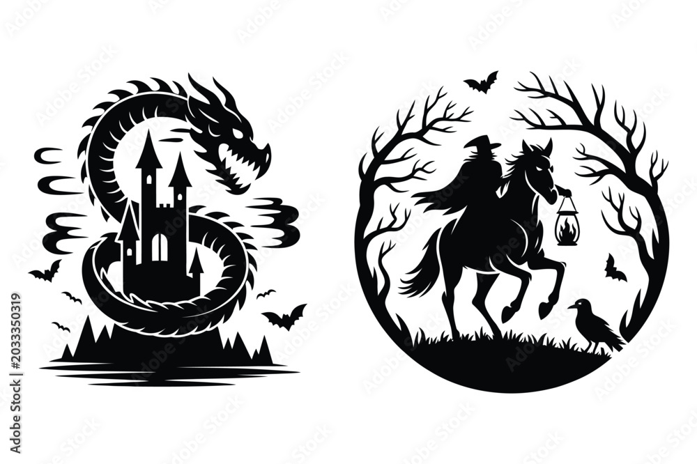 Fototapeta premium Dragon wrapped around castle with bats and rider on horseback with lantern in forest