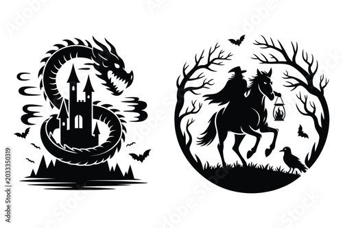 Bild auf Leinwand Dragon wrapped around castle with bats and rider on horseback with lantern in fo