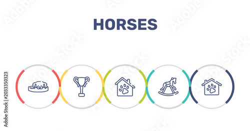 Schilderij op canvas horses outline icon set featuring dog resting, trophy cup, pet hotel, horse rocker black icons