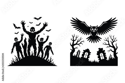 Tableau sur toile Vector silhouettes of creepy zombie horde with bats and flying owl in graveyard
