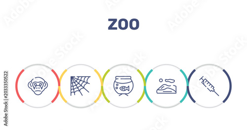 Canvas Print zoo outline icon set featuring chimpanzee, cobweb, aquarium, dunes icons