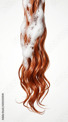 Wavy red hair covered in rich white foam isolated on white background concept of hair washing and treatment single object haircare treatment cosmetic