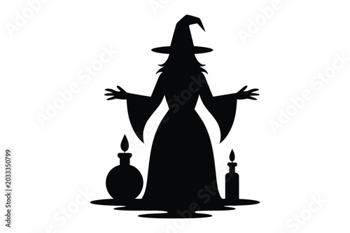 Foto Magical witch silhouette with potion bottles and lit candles vector illustration