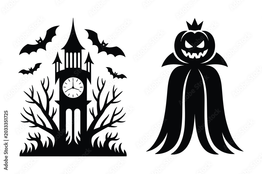 Fototapeta premium Gothic halloween clock tower with bats and pumpkin king silhouette, halloween