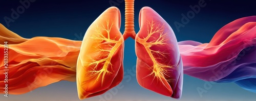 Detailed 3D illustration of human lungs and airways highlighting bronchioles and pulmonary anatomy