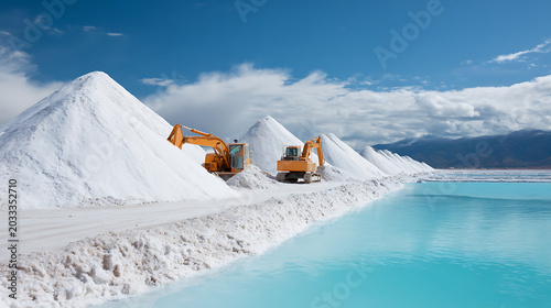 Industrial Salt Mine Landscape with Excavators by Turquoise Water under a Blue Sky - Mining, extraction, and natural resources industry
