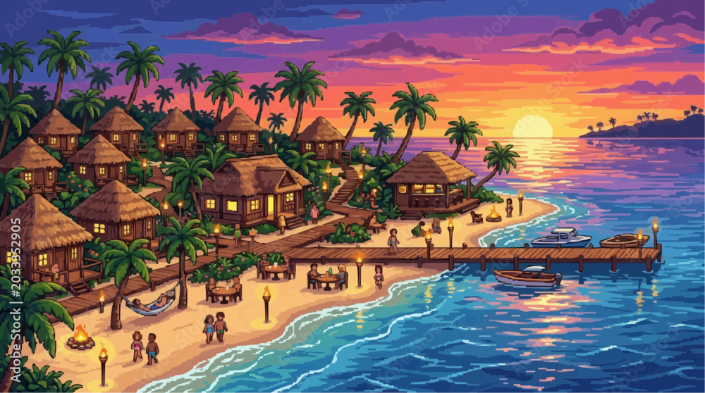 Obraz premium Tropical Paradise Sunset: A serene tropical island resort awakens at sunset, with bungalow-style accommodations nestled amongst palm trees along a pristine sandy beach.