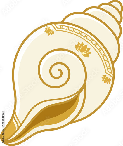 Ornate Conch Shell with Lotus Motifs in Golden Outline on White Background Vector Illustration