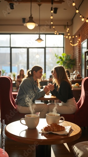 Two Friends Discussing Over Coffee in a Bustling Cafe