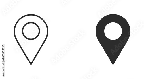 Location Pin Icon: Simple map marker icons, one outline and one filled. gps symbol, navigation point, map marker, location pointer.
