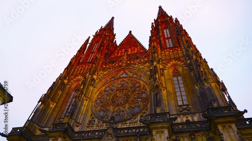 St vitus cathedral gothic facade. Majestic exterior facade of the historic st vitus cathedral in prague, featuring intricate gothic architecture, towering spires, and a stunning rose window