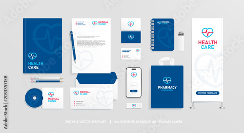 Pharmacy Brand Identity design with medical logo concept on office supplies mock-up. Corporate style graphics with heart logo for medical clinic, health care, pharmacy branding - editable vector set