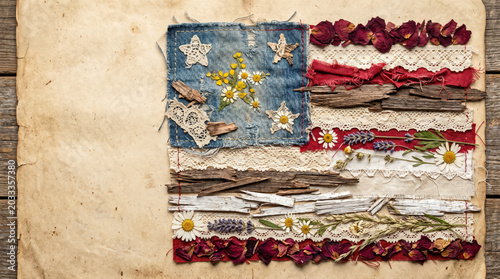 Creative Collage of American Flag Made of Denim Lace and Dried Flowers on Vintage Paper.