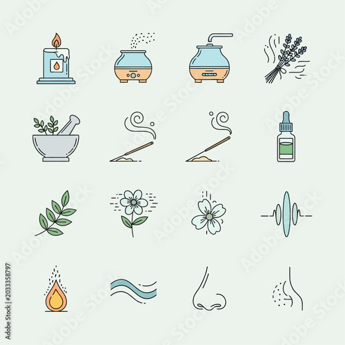 A collection of herbalism and aromatherapy icons.
