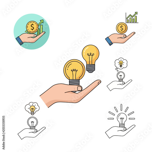 Hands holding lightbulbs with money and growth symbols.