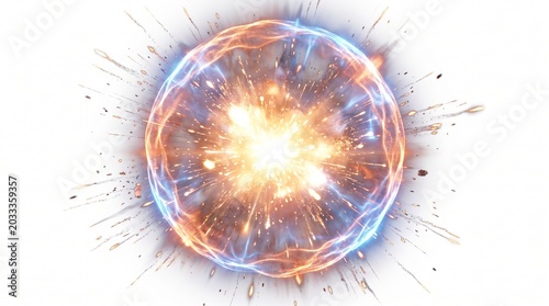 Vibrant spherical explosion radiating brilliant light and particle streams, symbolizing immense power, scientific phenomena, and energetic forces, an abstract burst of cosmic energy