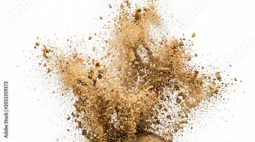 Explosion of brown powder creating a cloud of dust against a white background, abstract and dynamic movement captured